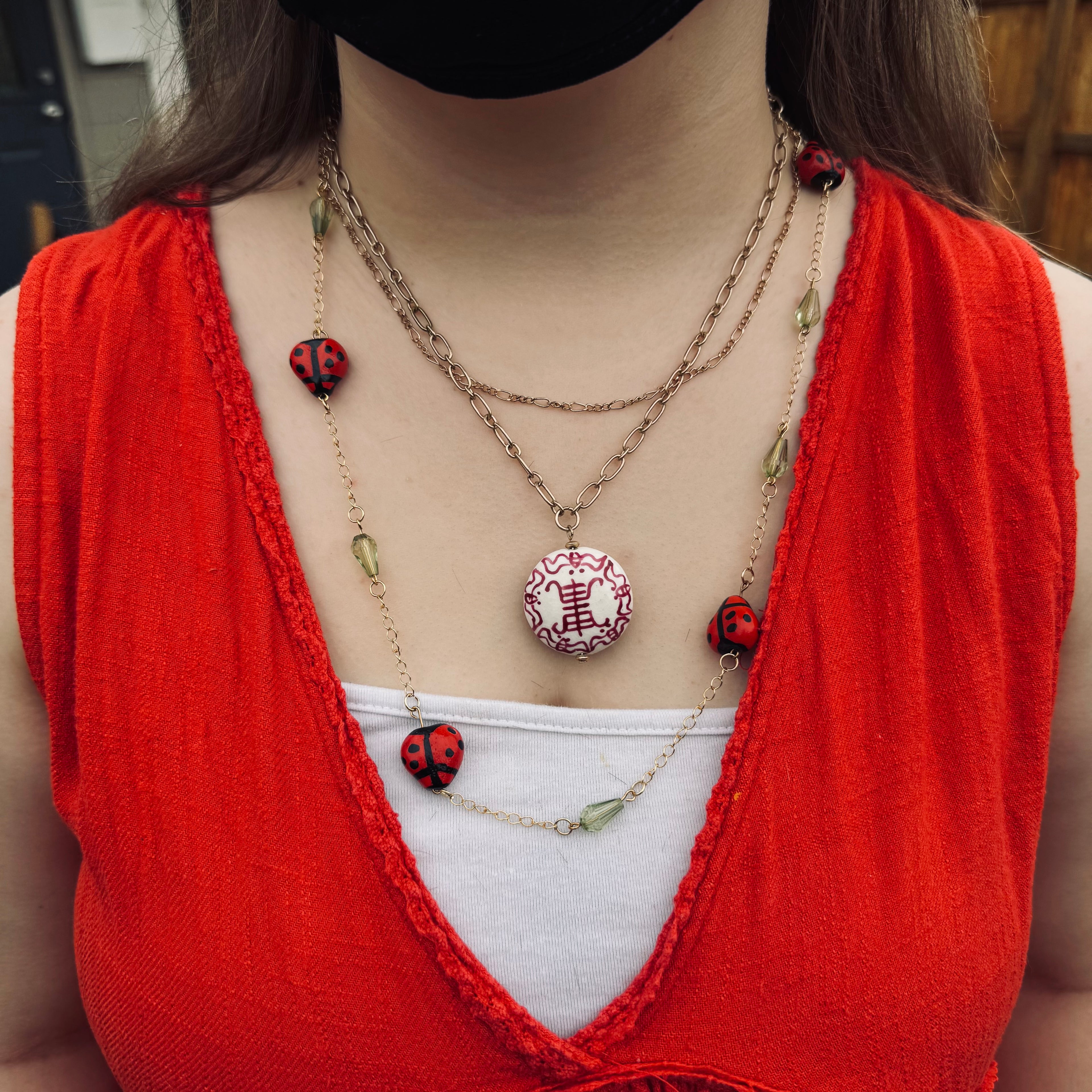 Whimsical Upcycled Ladybug Chain Necklace – Red and Black Hand-Painted Novelty Jewelry