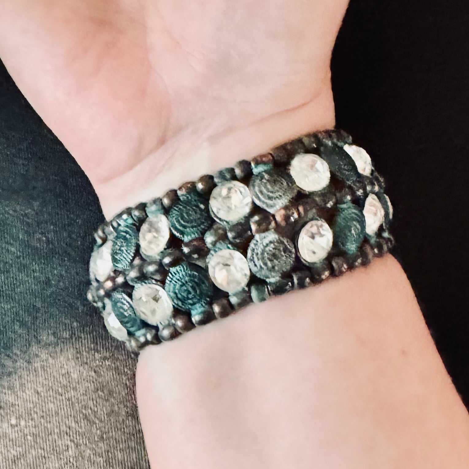 Vintage Copper and Crystal Beaded Cuff Bracelet