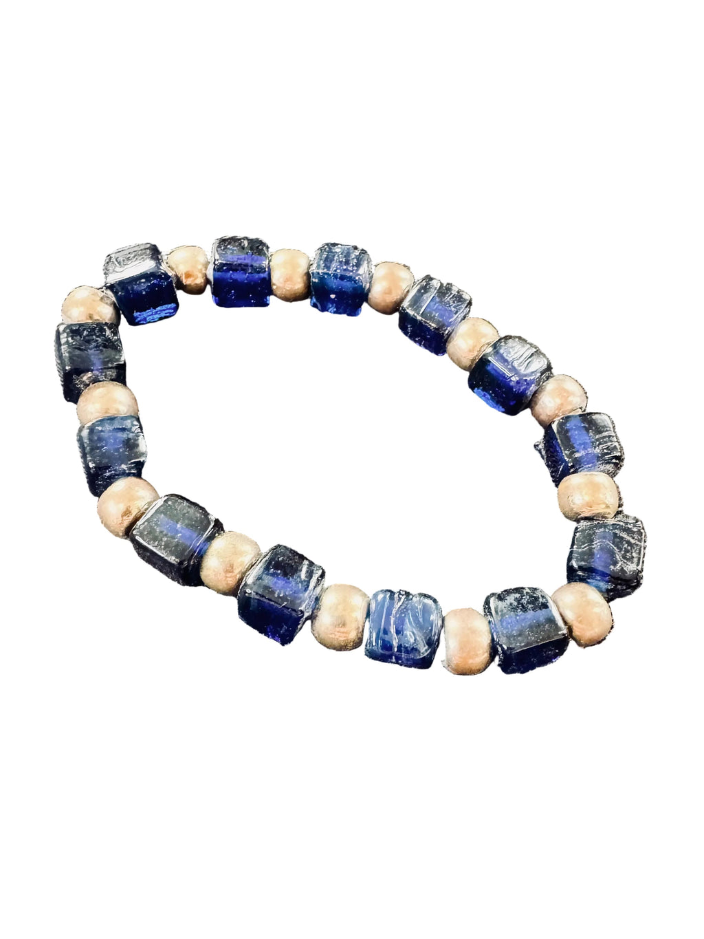 Midnight Blue Square Glass Bead Bracelet – Metallic Gold Accent Stretch Stacker