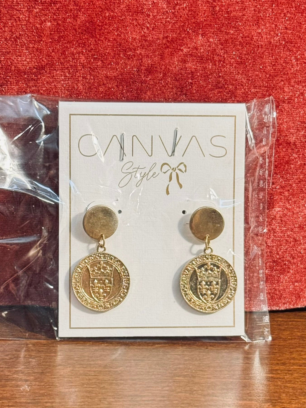 Canvas Style Gold Tone Crown & Shield Coin Dangle Post Earrings – NIP