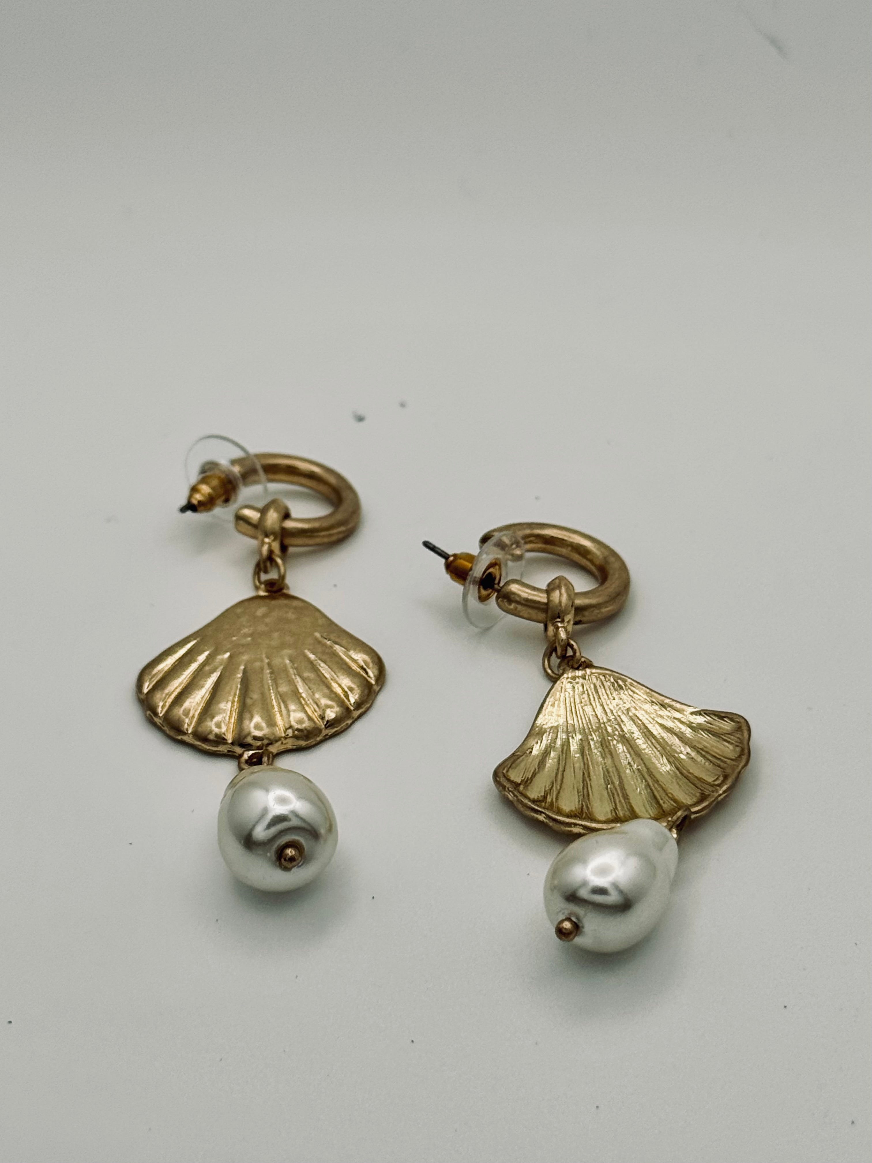 Gold Shell Pearl Drop Earrings - New, Complete Pair