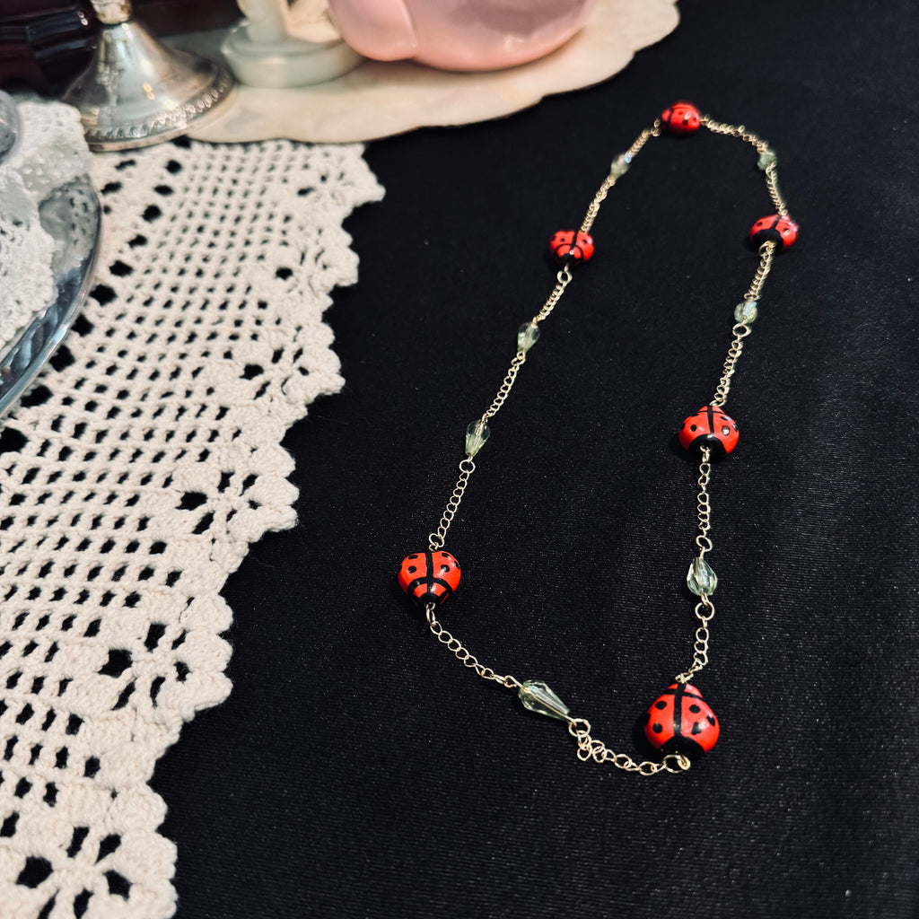 Whimsical Upcycled Ladybug Chain Necklace – Red and Black Hand-Painted Novelty Jewelry