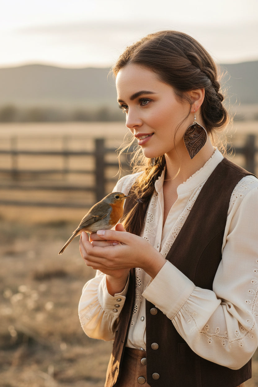 Tooled Brown Faux-Leather Leaf Earrings – Rustic Western Paisley Dangle Drops