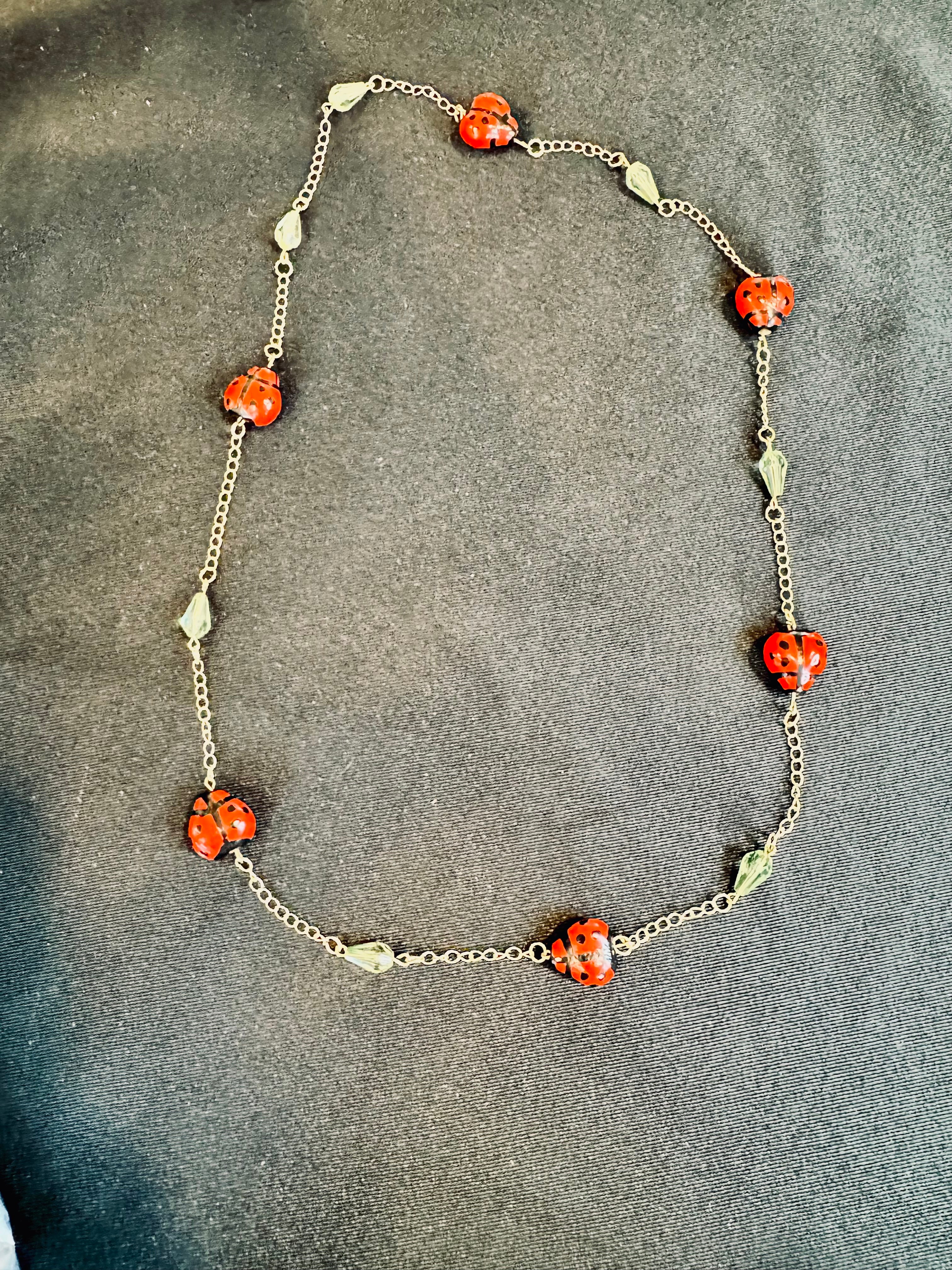 Whimsical Upcycled Ladybug Chain Necklace – Red and Black Hand-Painted Novelty Jewelry