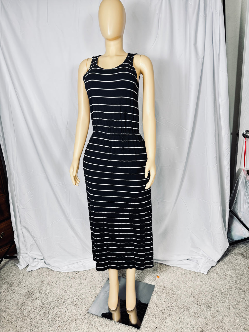 90s Vintange Merona Black & White Striped Maxi Dress Women’s Small