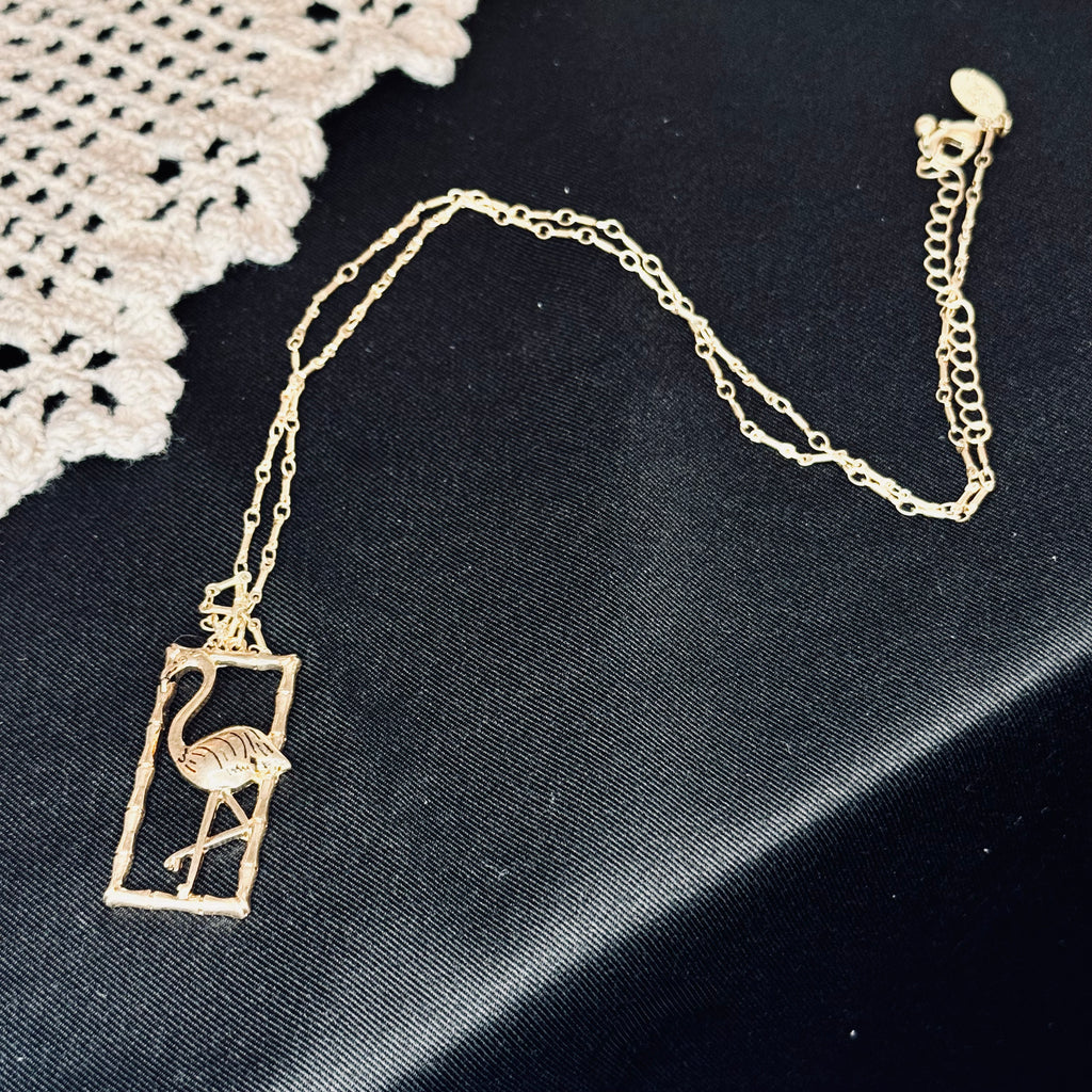 Canvas Style Gold Tone Flamingo Bamboo Frame Pendant Necklace: Tropical Chic