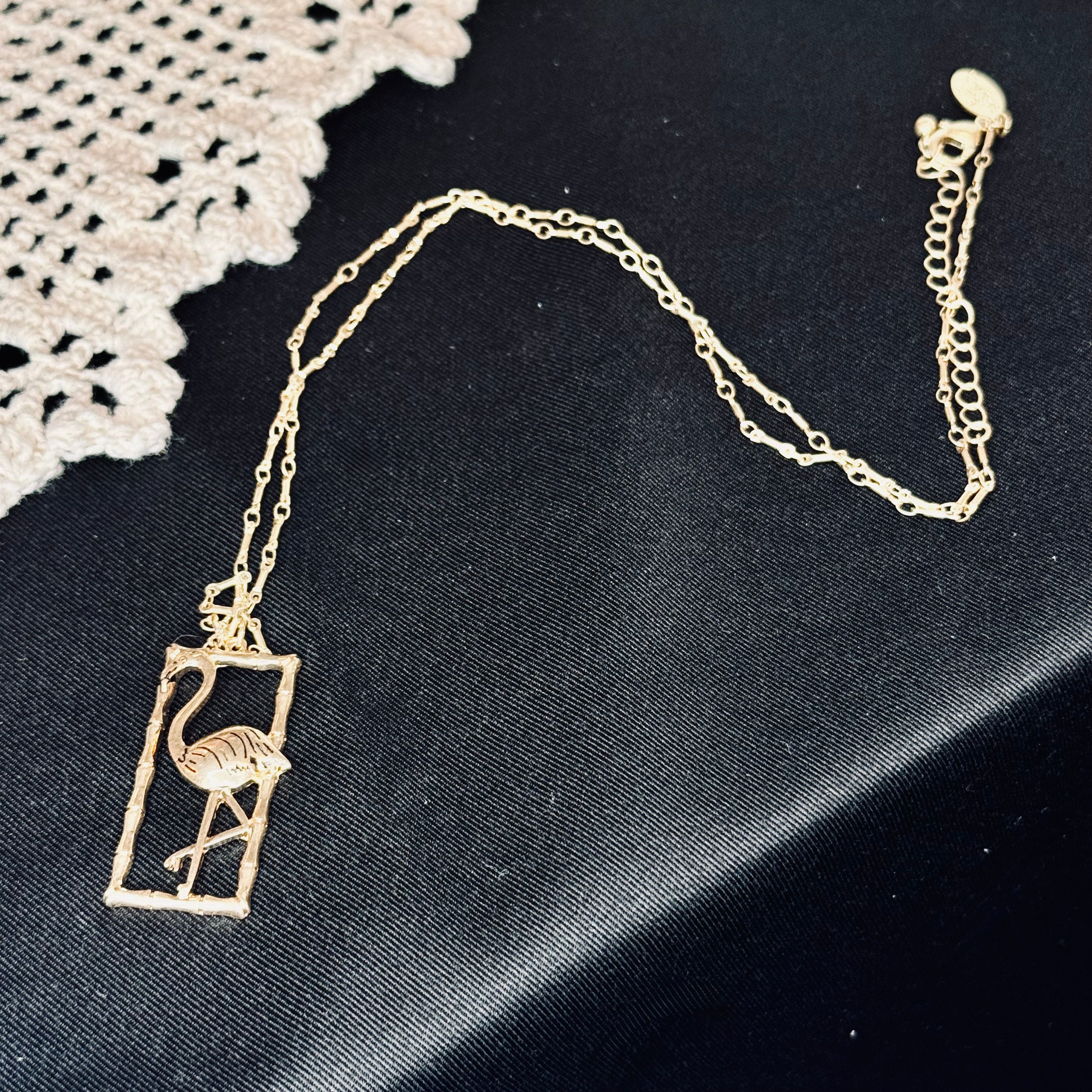 Canvas Style Gold Tone Flamingo Bamboo Frame Pendant Necklace: Tropical Chic