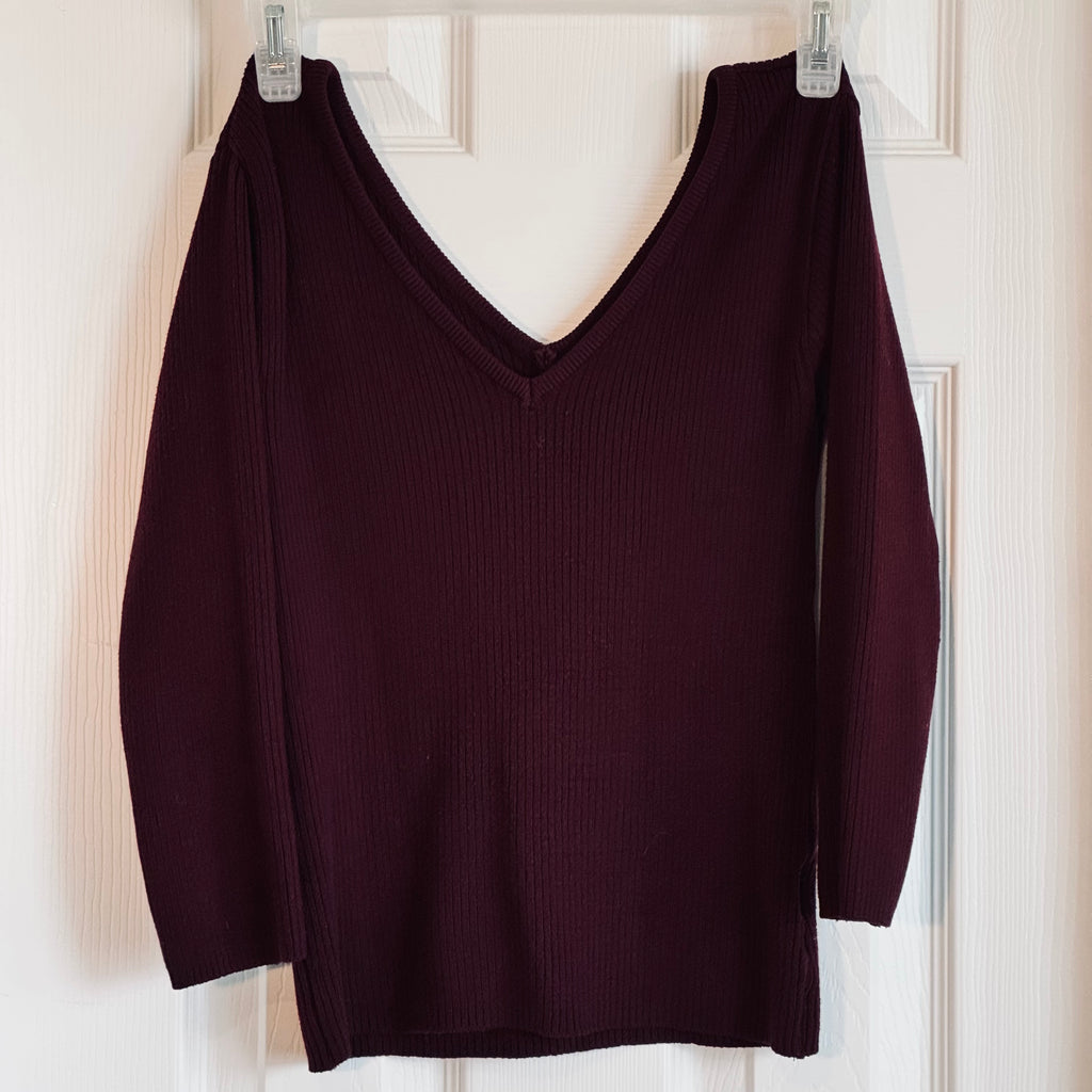 Women’s V-Neck Ribbed Sweater Top - Wine