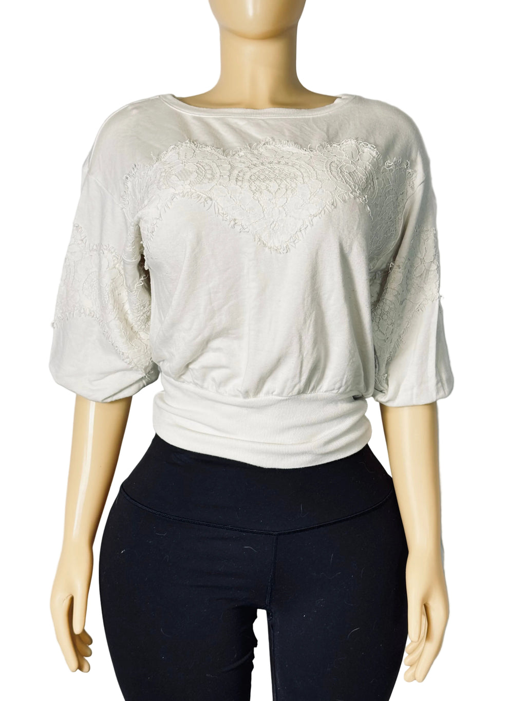 Express White Short Sleeved Blouse with Lace Embellishment Women's S Pre Owned