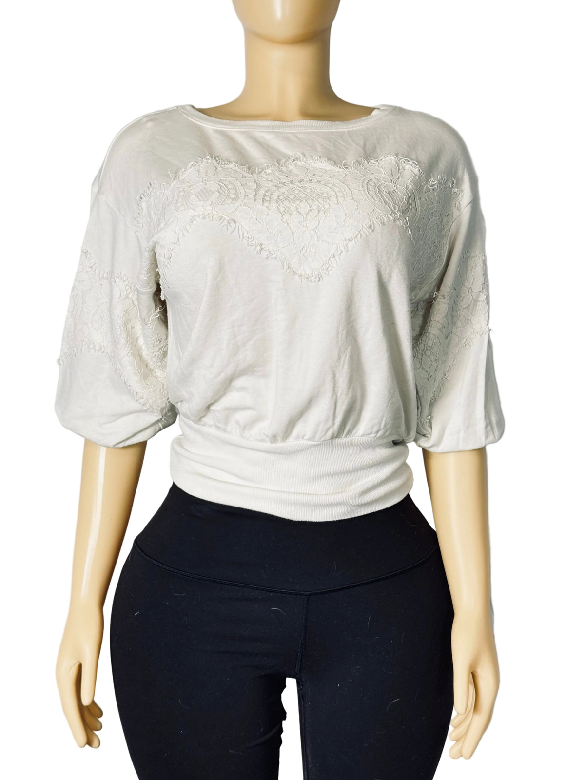 Express White Short Sleeved Blouse with Lace Embellishment Women's S Pre Owned