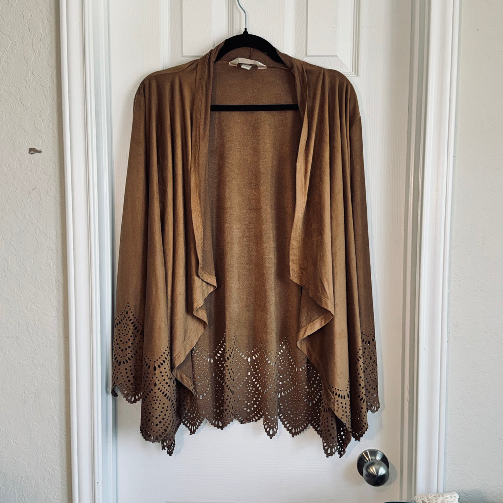 Kraft Kat Brown Laser-Cut Draped Open-Front Cardigan