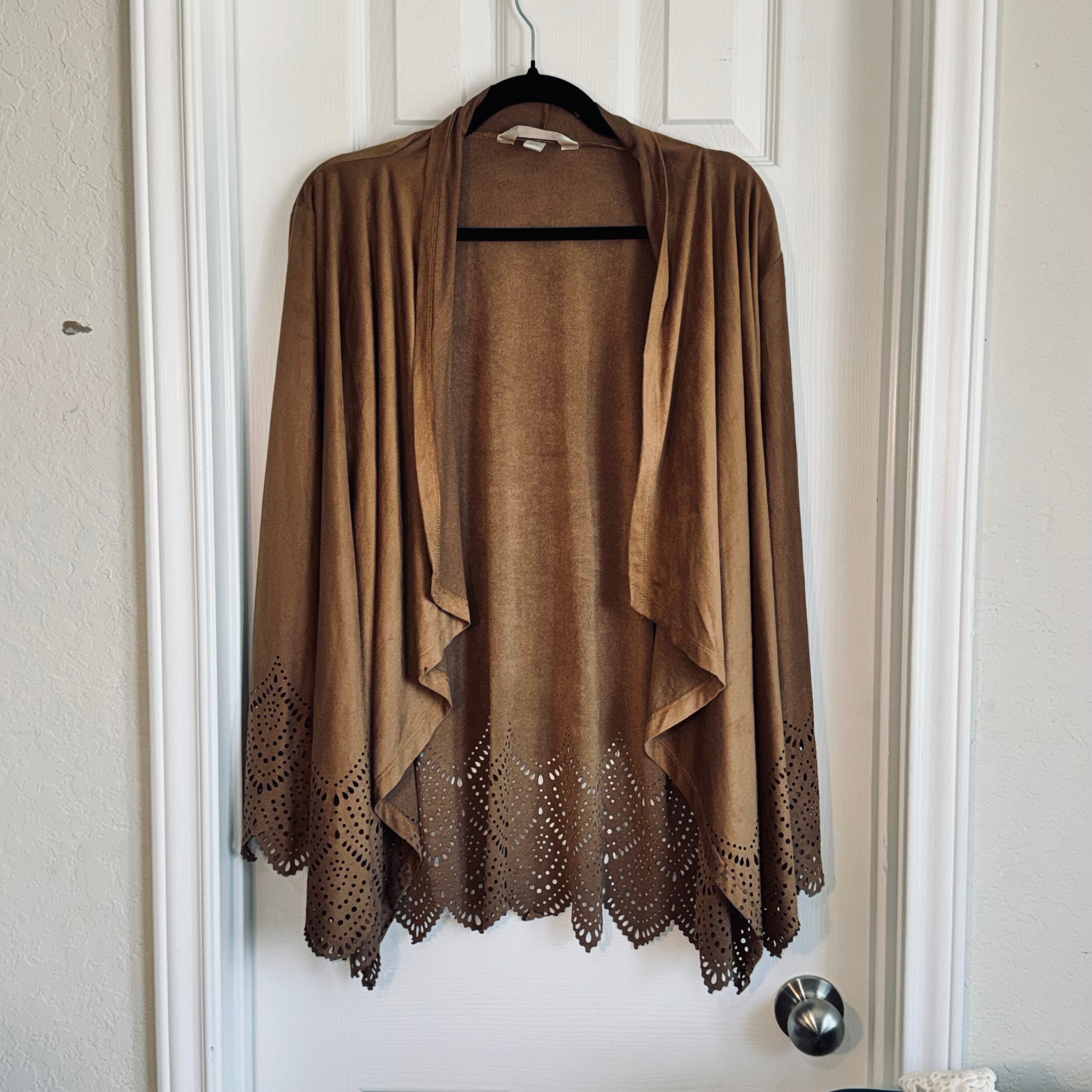 Kraft Kat Brown Laser-Cut Draped Open-Front Cardigan
