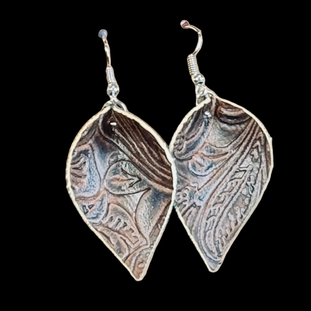 Tooled Brown Faux-Leather Leaf Earrings – Rustic Western Paisley Dangle Drops