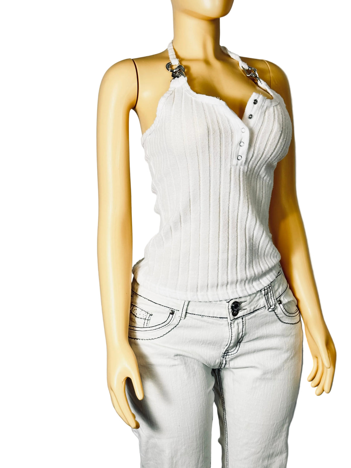 SHEIN Halter V-Neck Adjustable Medium Summer Basic Women's White Crop Top Tank