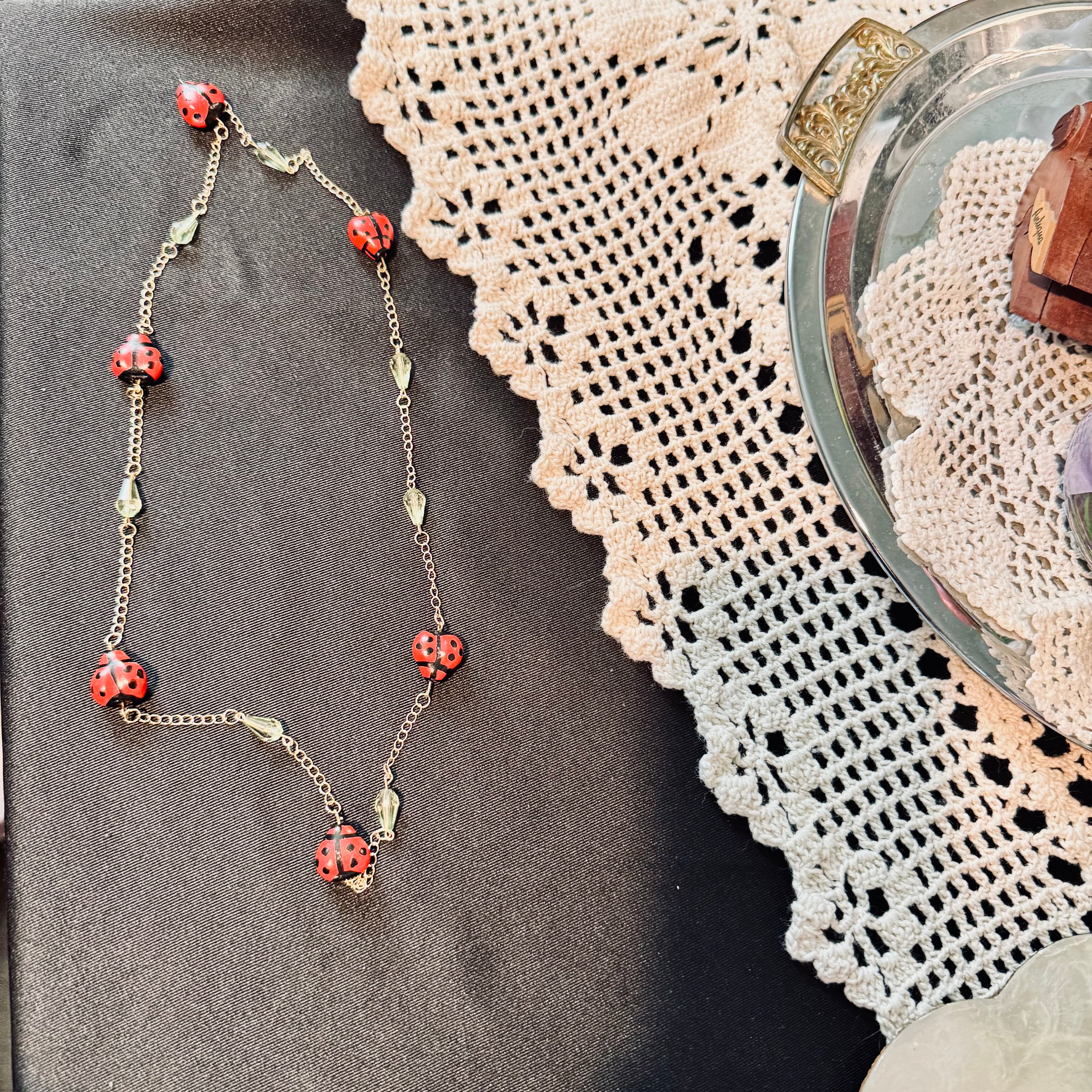 Whimsical Upcycled Ladybug Chain Necklace – Red and Black Hand-Painted Novelty Jewelry