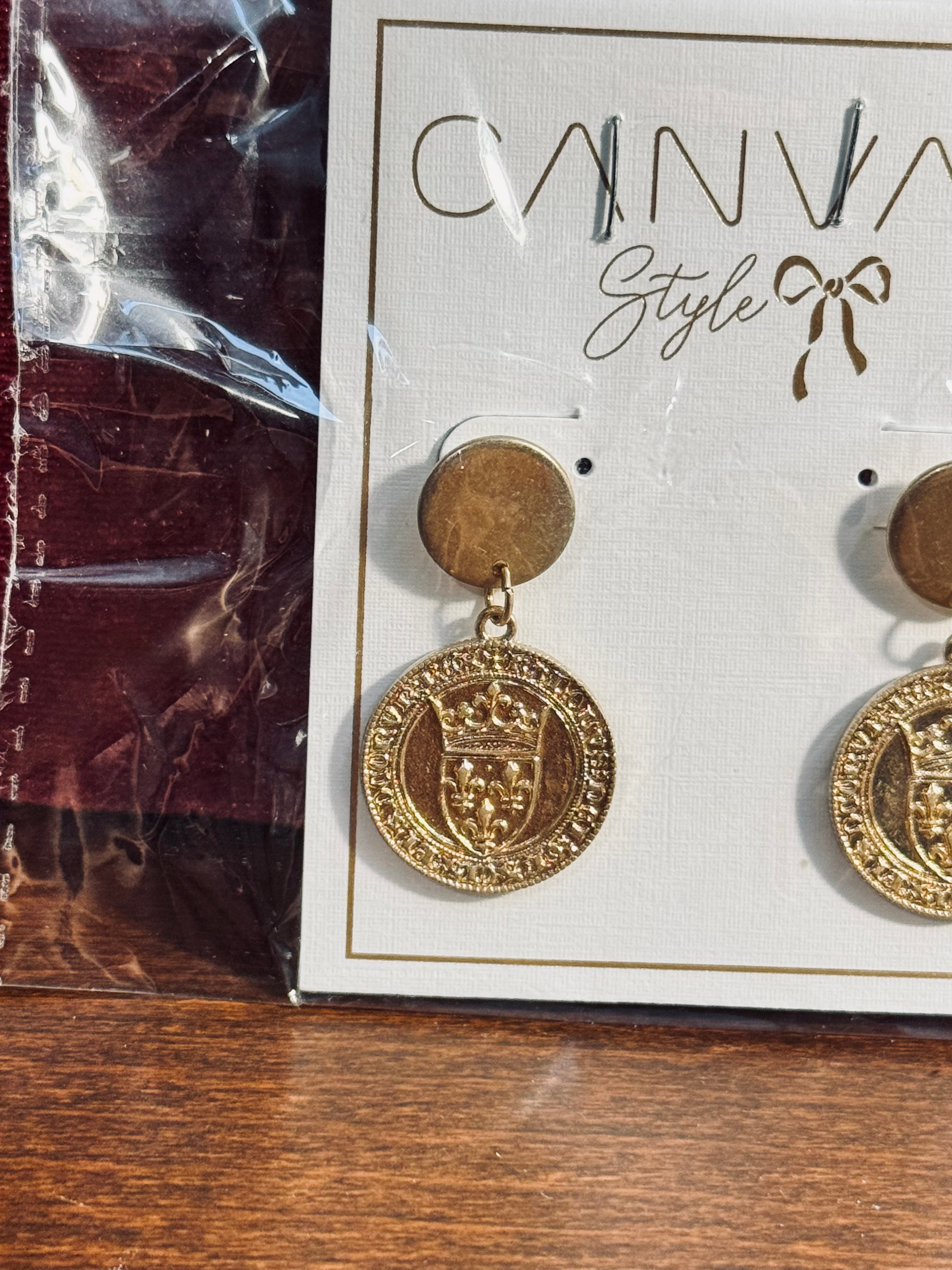 Canvas Style Gold Tone Crown & Shield Coin Dangle Post Earrings – NIP