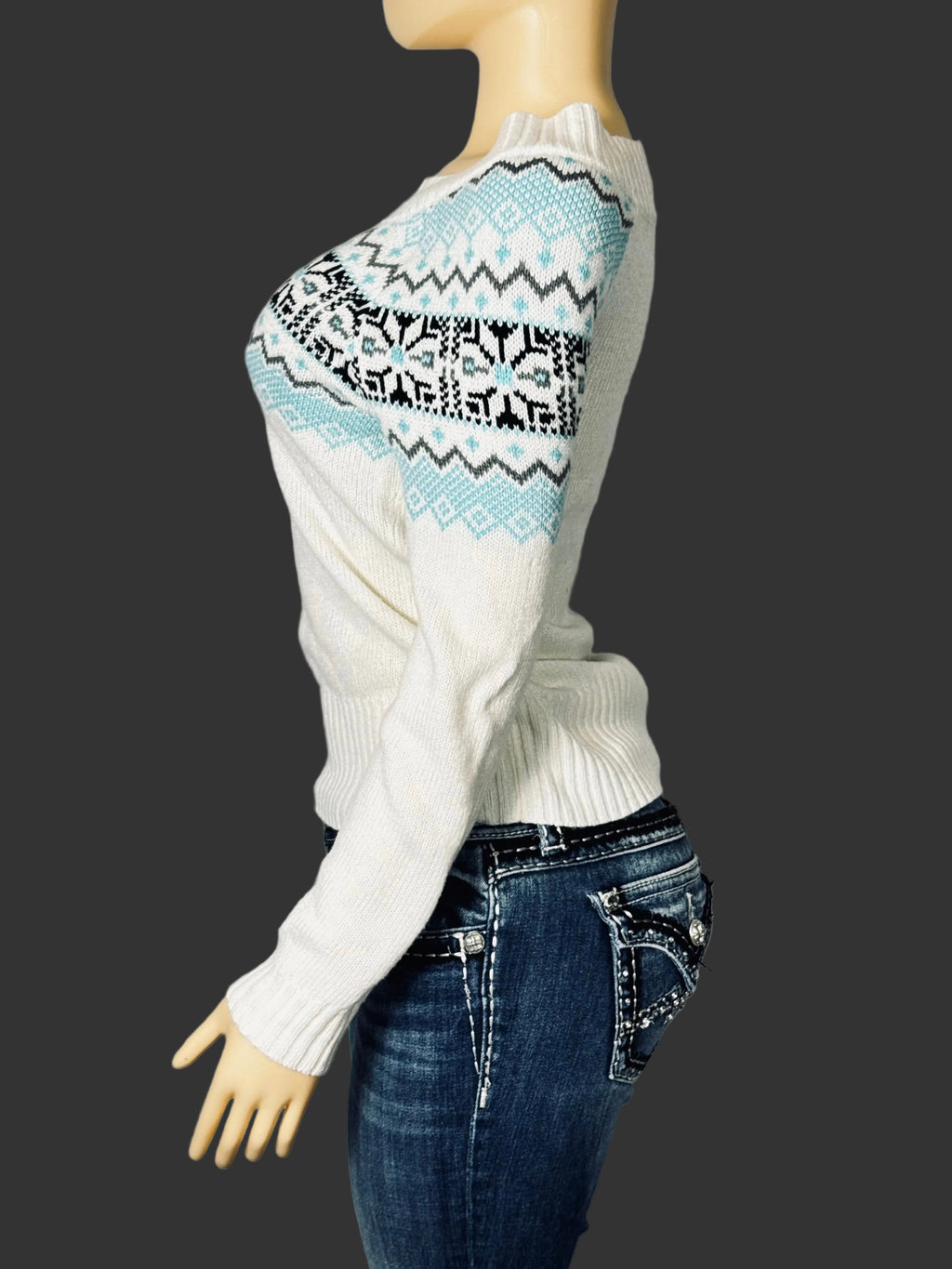 Vintage Y2K OP Sweater Women's M White Blue and Black Geometric Weave Pre Owned