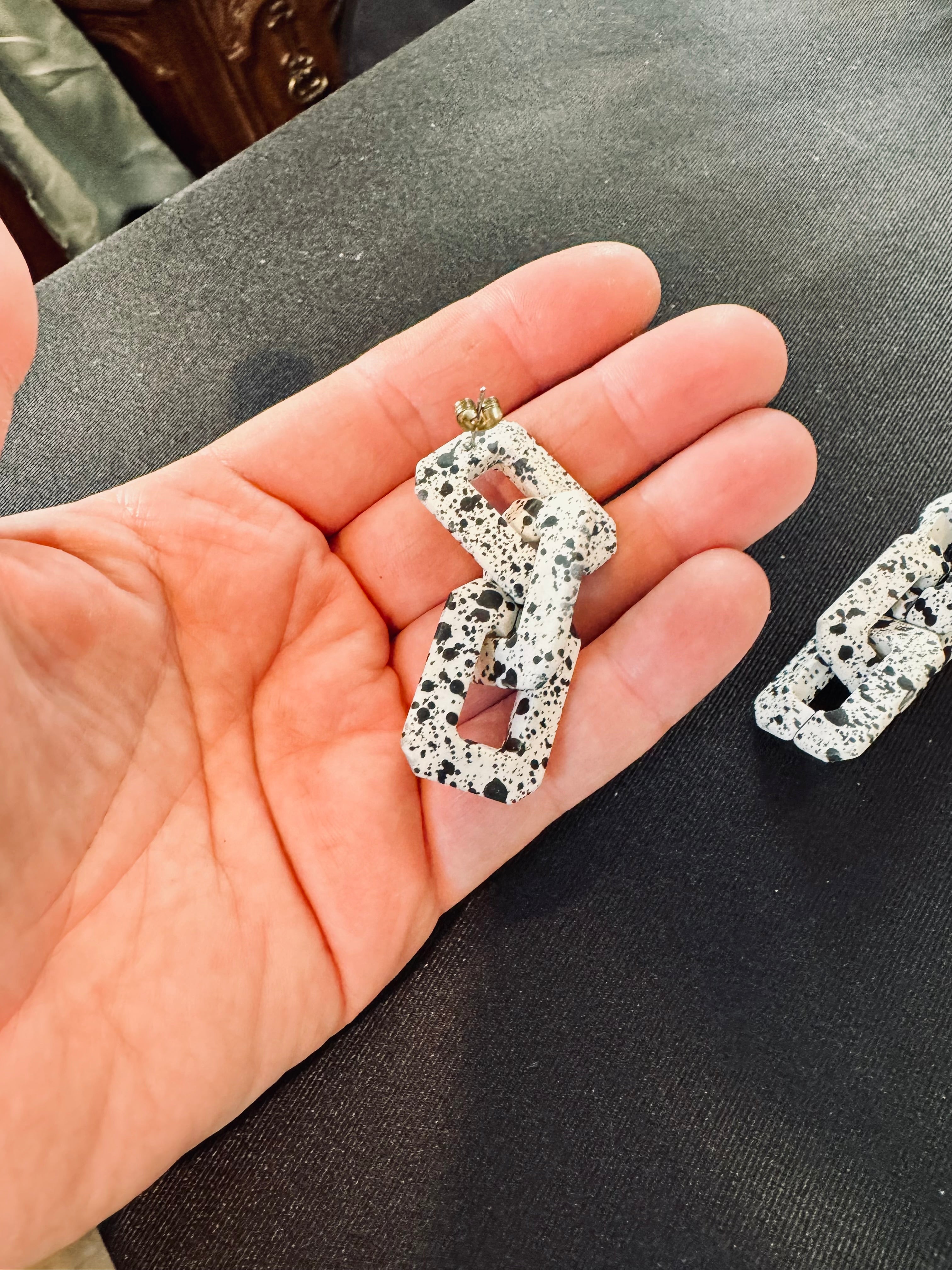 Retro Monochrome Geometric Link Statement Earrings – Dalmatian Speckle Matte Finish