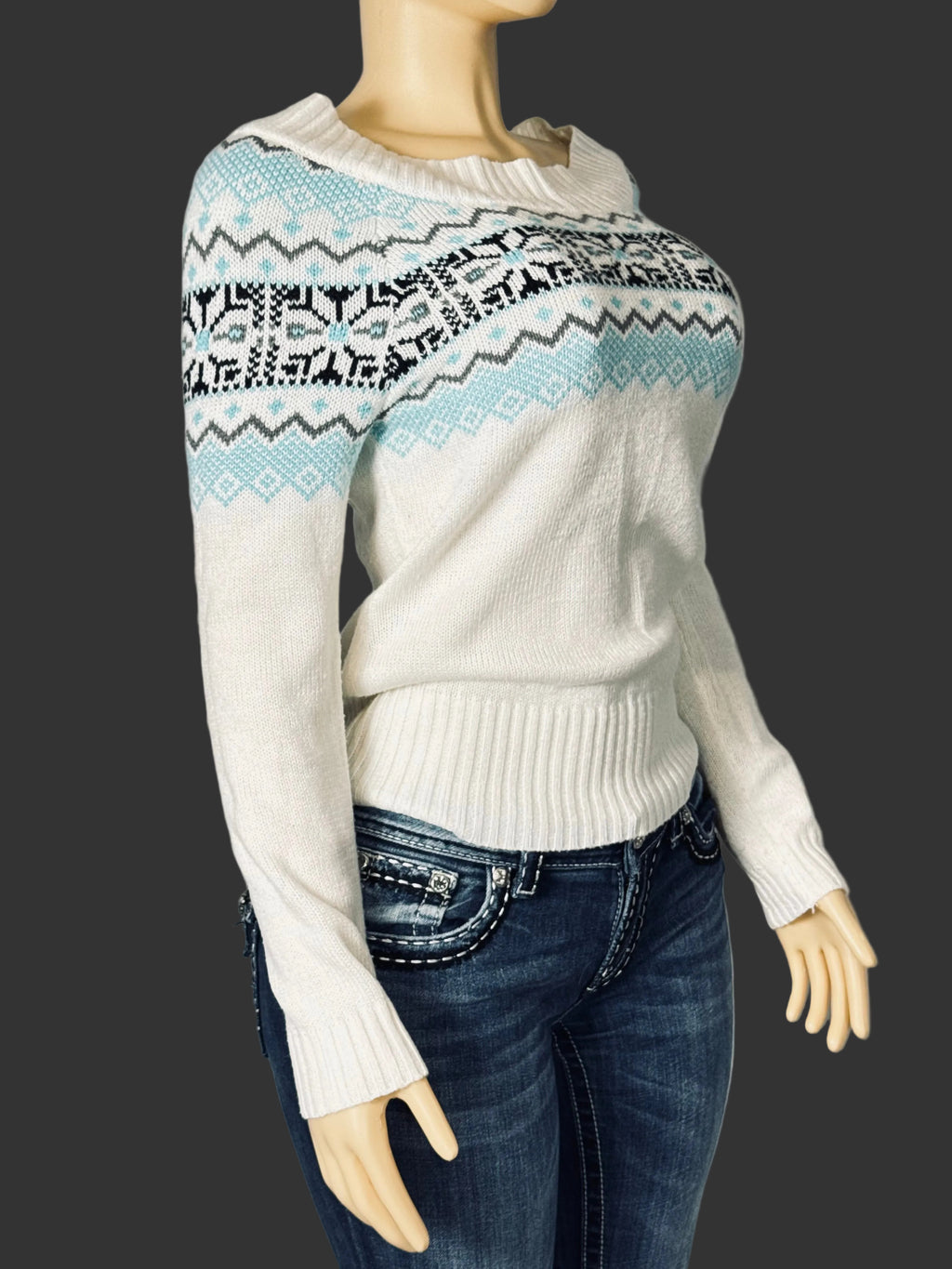 Vintage Y2K OP Sweater Women's M White Blue and Black Geometric Weave Pre Owned