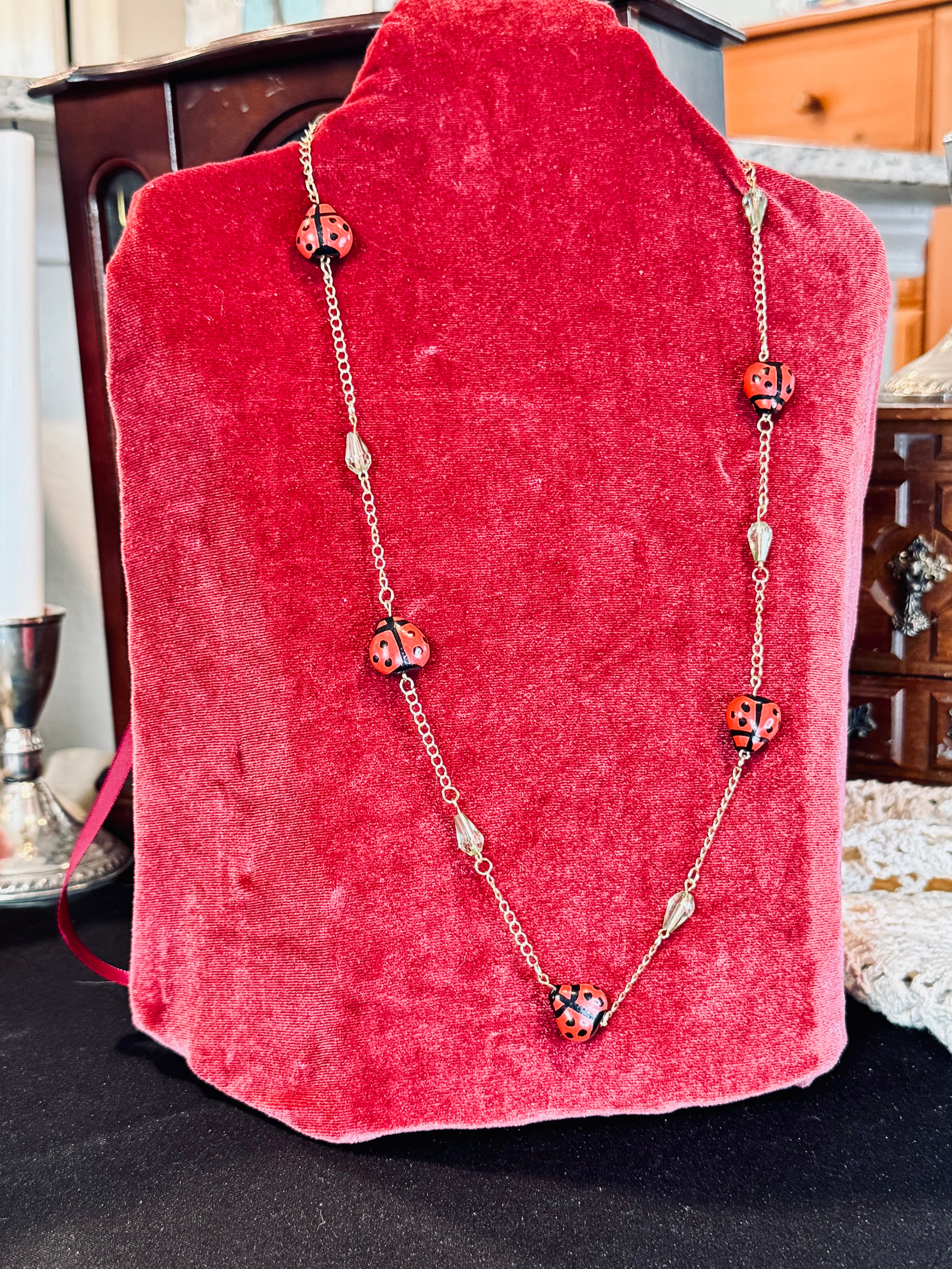 Whimsical Upcycled Ladybug Chain Necklace – Red and Black Hand-Painted Novelty Jewelry