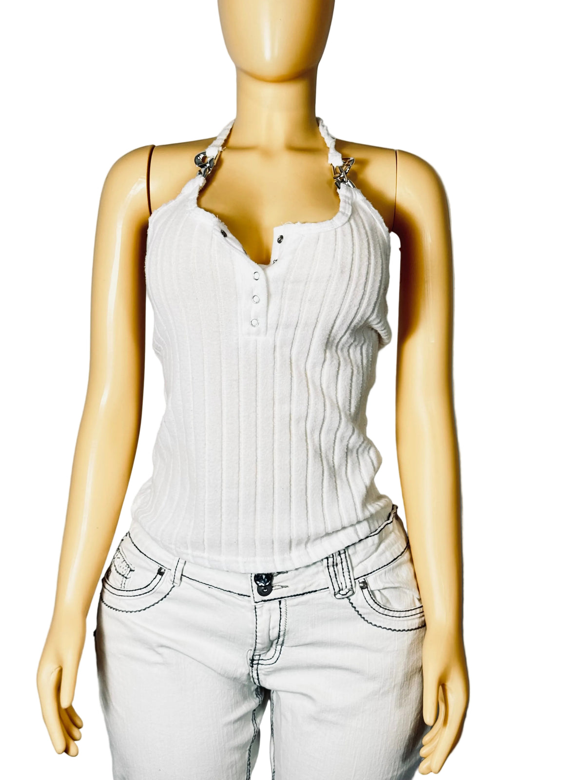 SHEIN Halter V-Neck Adjustable Medium Summer Basic Women's White Crop Top Tank