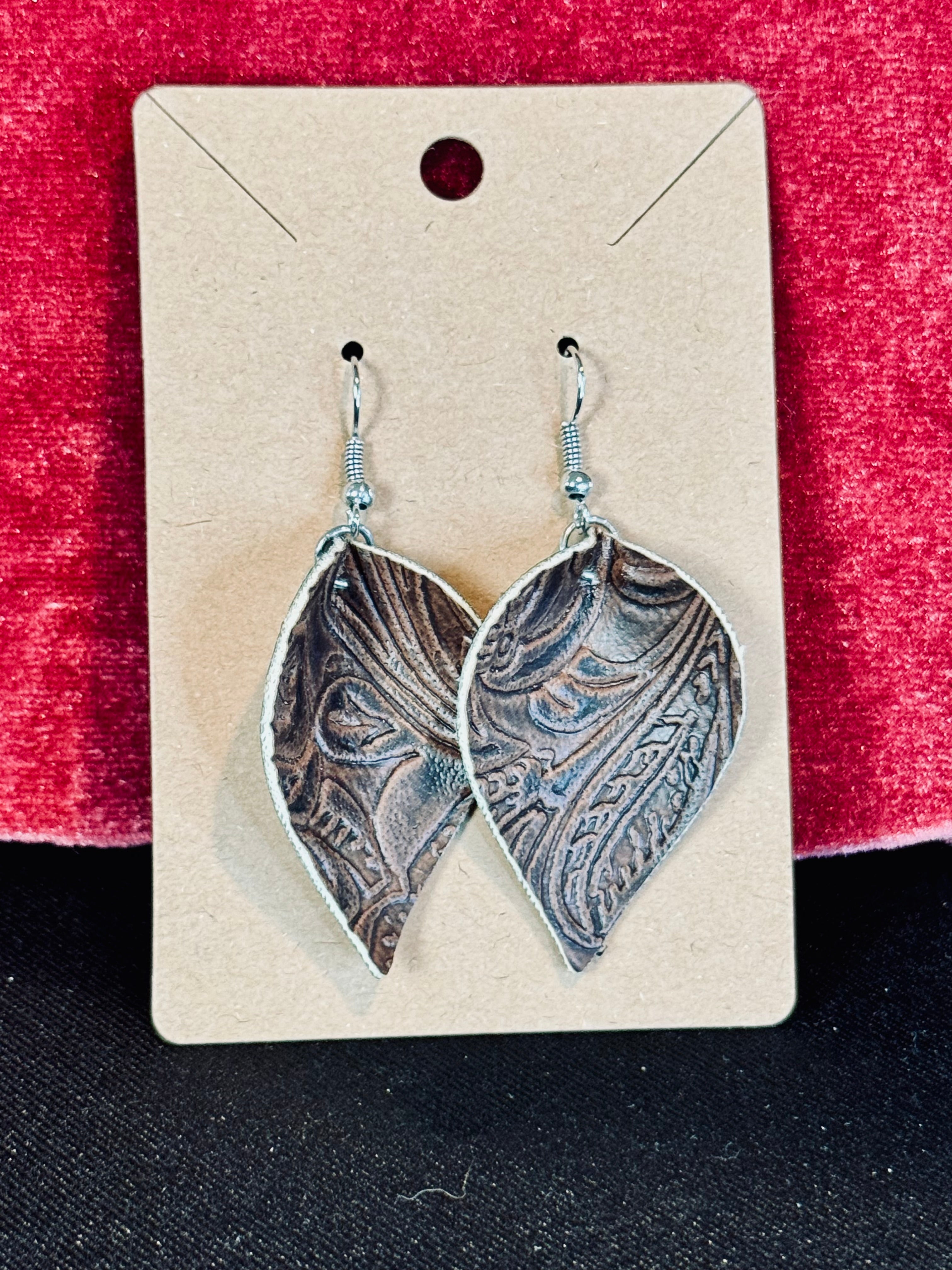 Tooled Brown Faux-Leather Leaf Earrings – Rustic Western Paisley Dangle Drops
