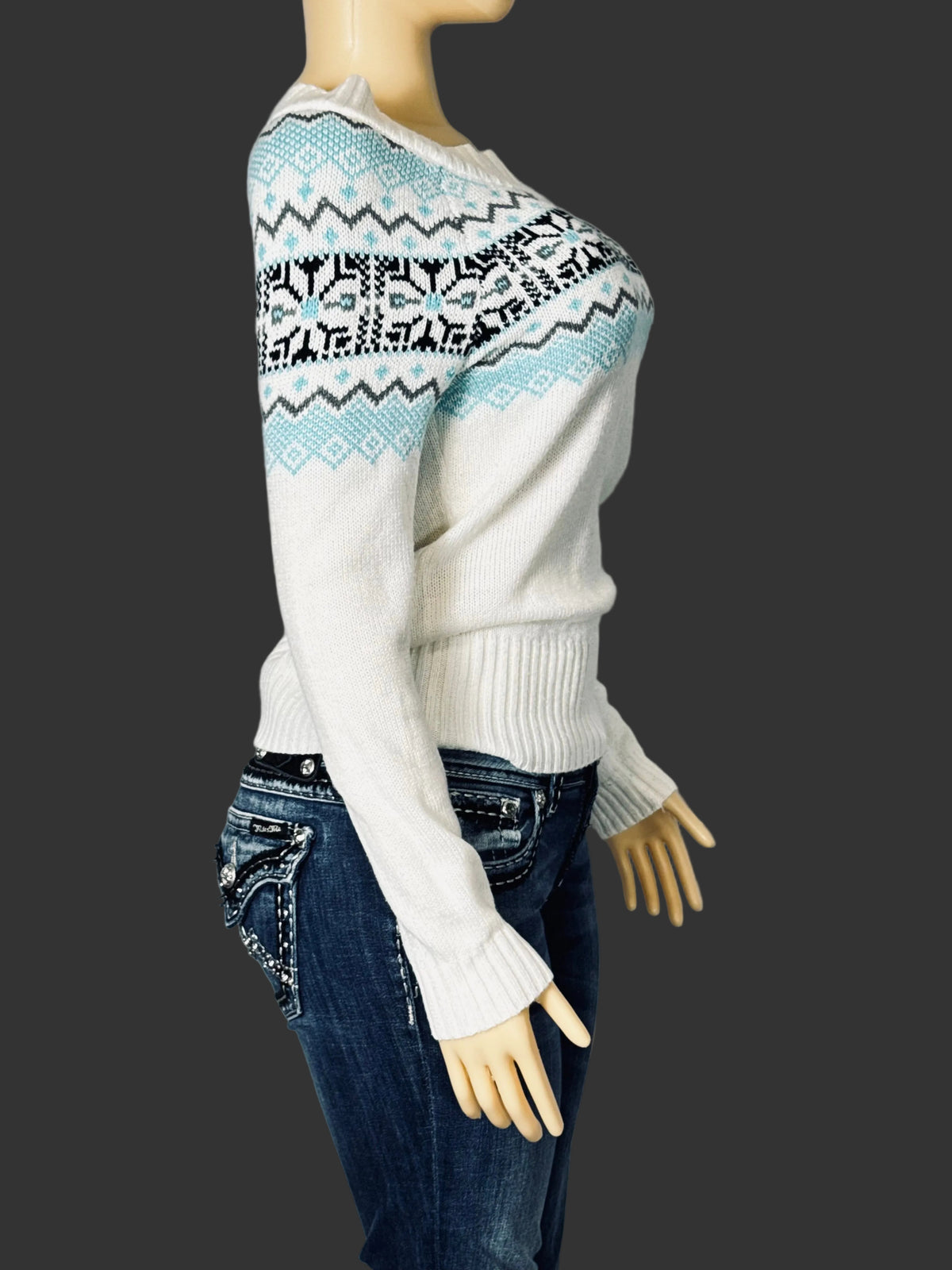 Vintage Y2K OP Sweater Women's M White Blue and Black Geometric Weave Pre Owned