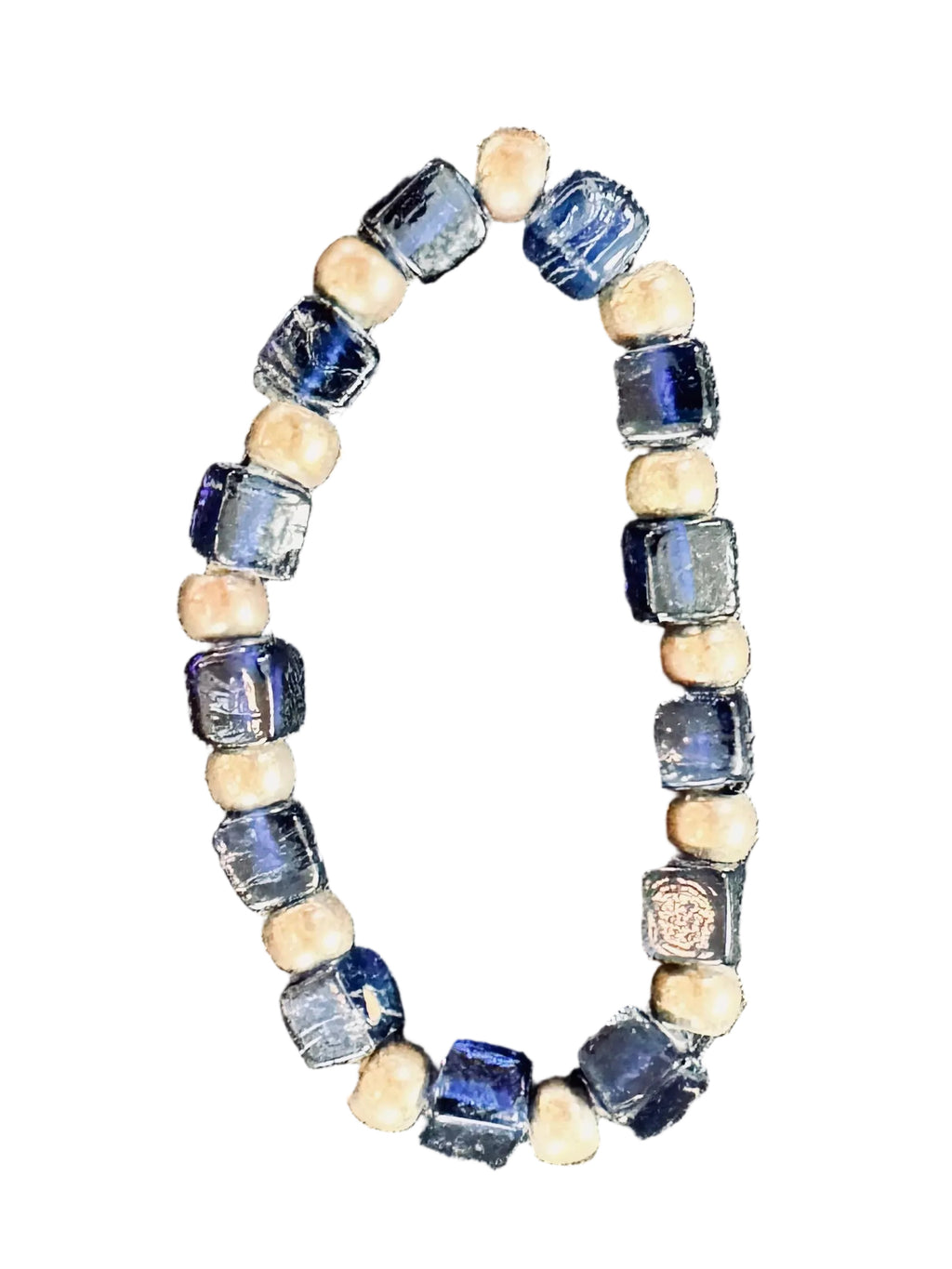 Midnight Blue Square Glass Bead Bracelet – Metallic Gold Accent Stretch Stacker