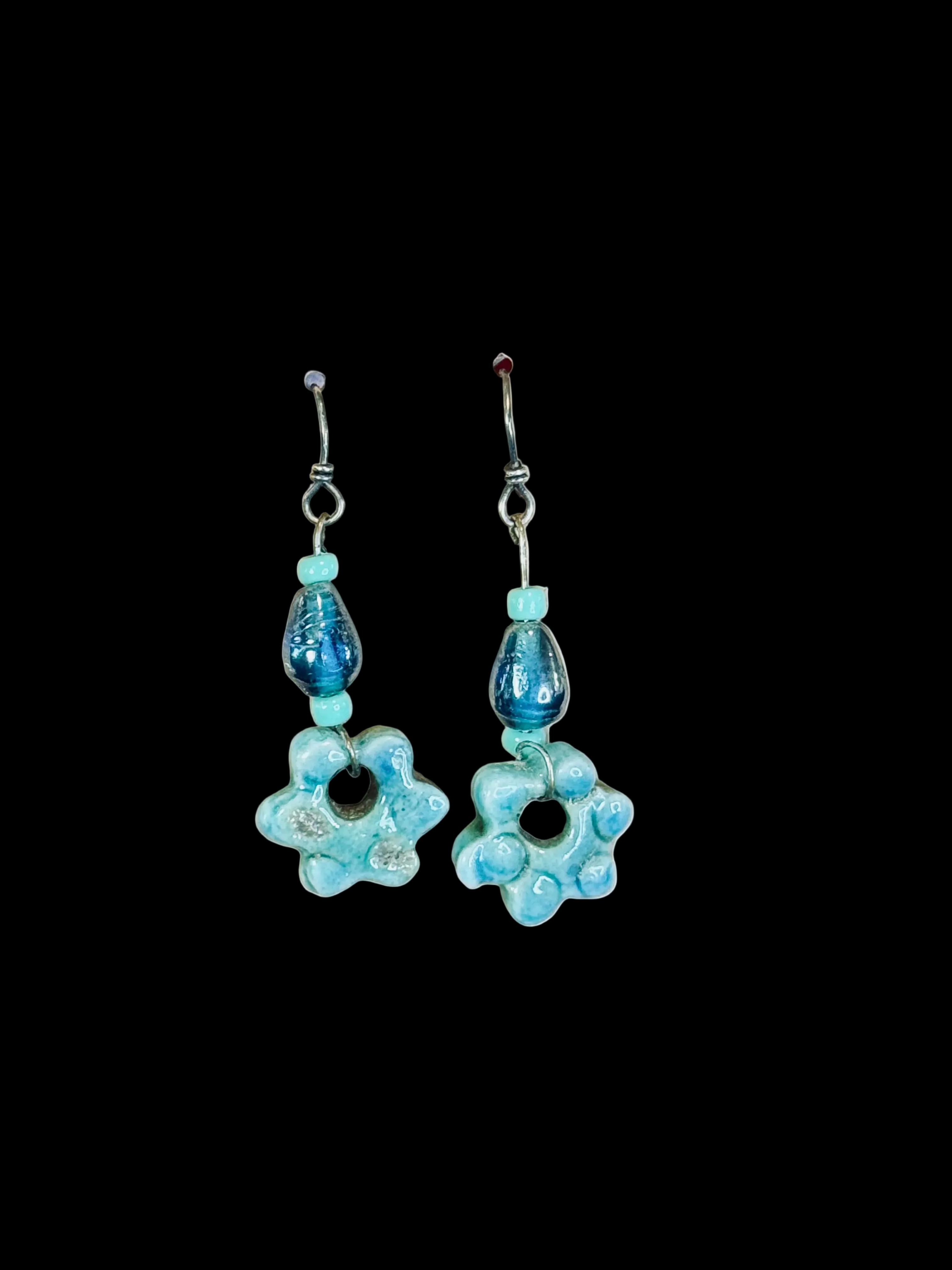Handmade Blue Ceramic Flower Dangle Earrings – Artisan Glazed Blossom Drop Jewelry
