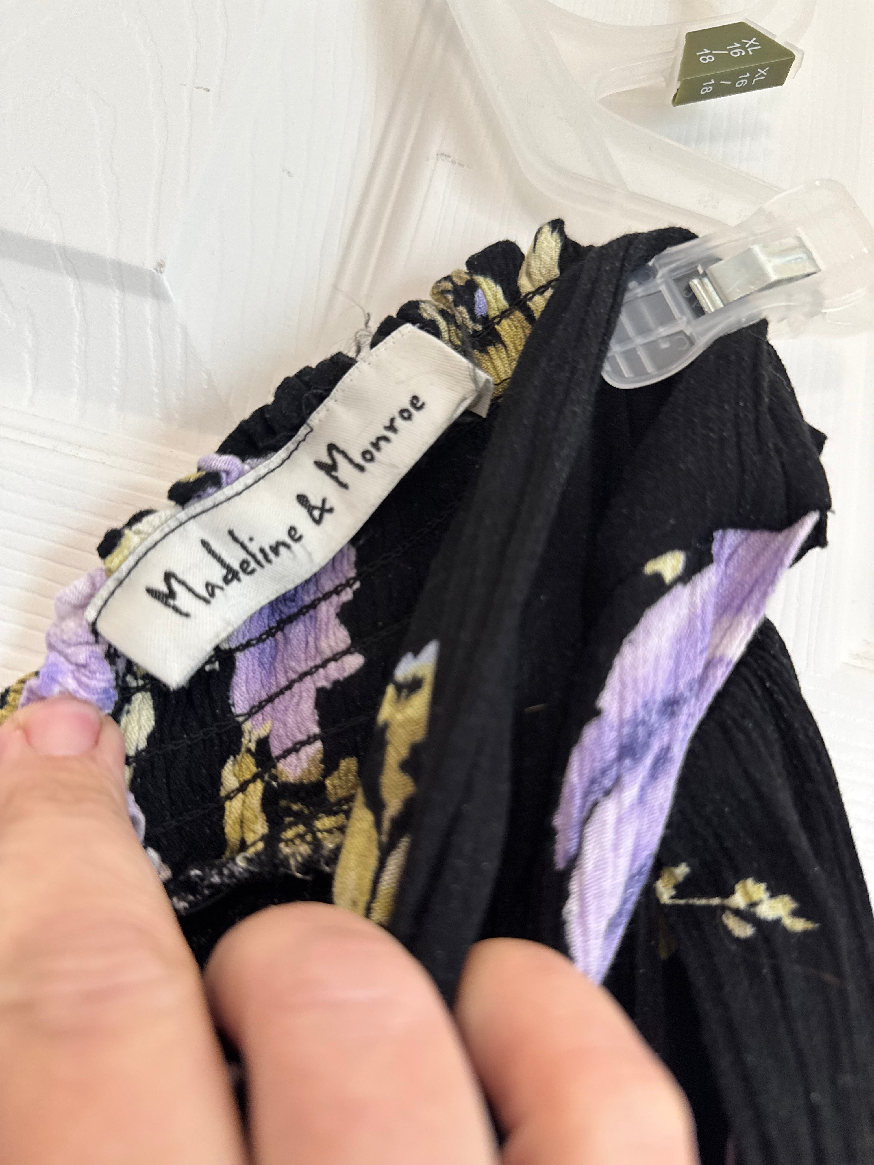 Madeline & Monroe Floral Hanker-chief Hem MaxiSkirt Black Purple Yellow Smocked Skirt