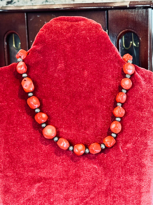 Curated Vintage Organic Red Coral & Silver Statement Necklace