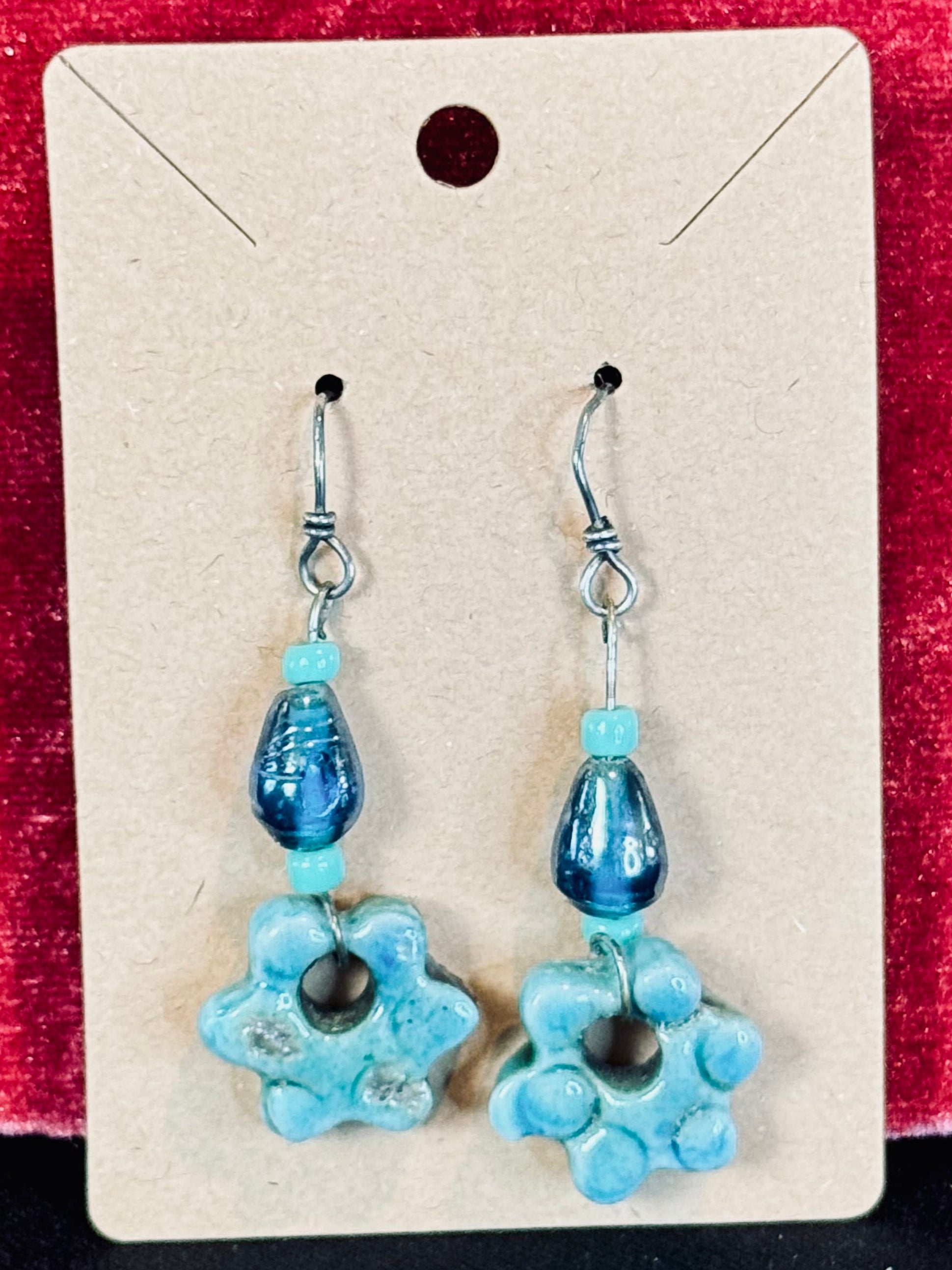 Handmade Blue Ceramic Flower Dangle Earrings – Artisan Glazed Blossom Drop Jewelry