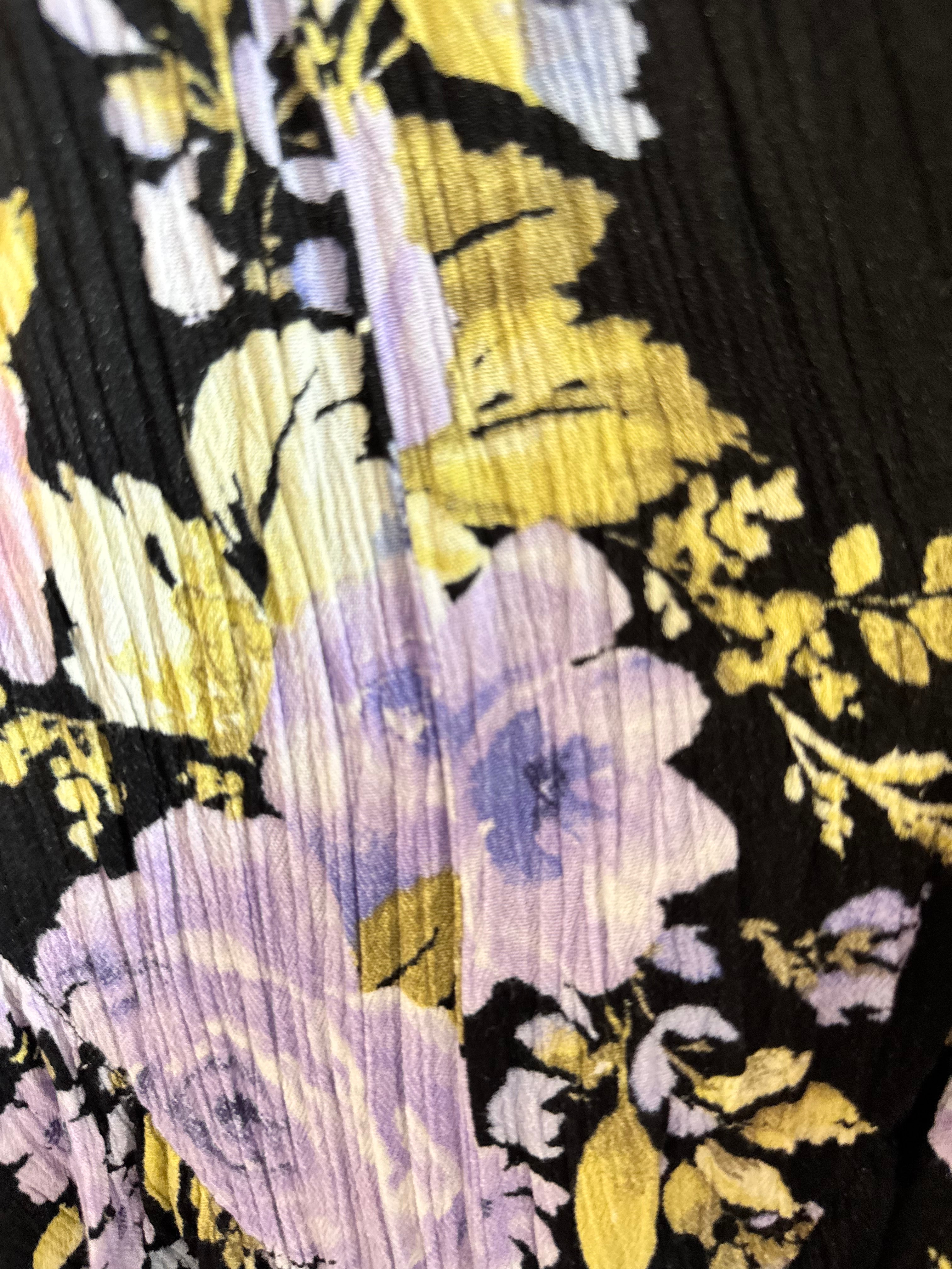 Madeline & Monroe Floral Hanker-chief Hem MaxiSkirt Black Purple Yellow Smocked Skirt
