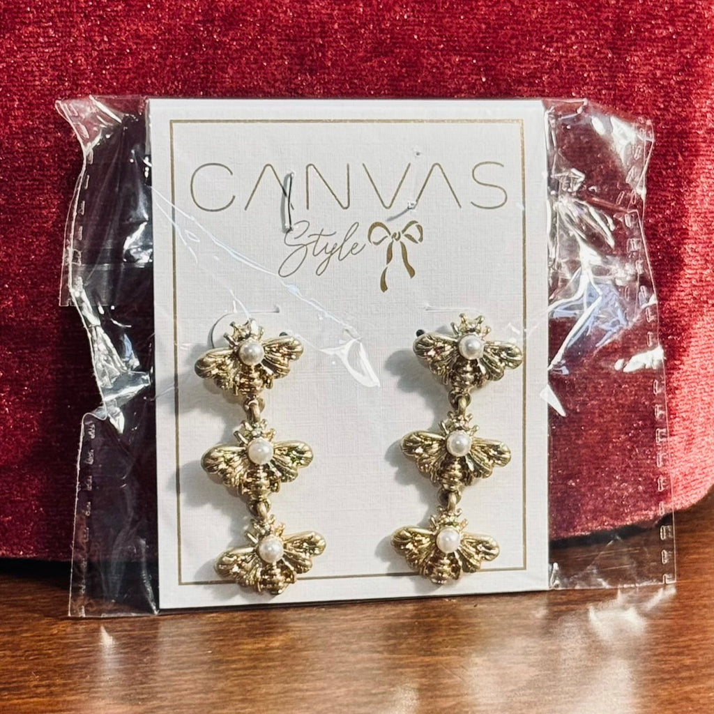 Canvas Style New In Package Gold Tone Triple Bee Dangle Earrings With Pearl Accents