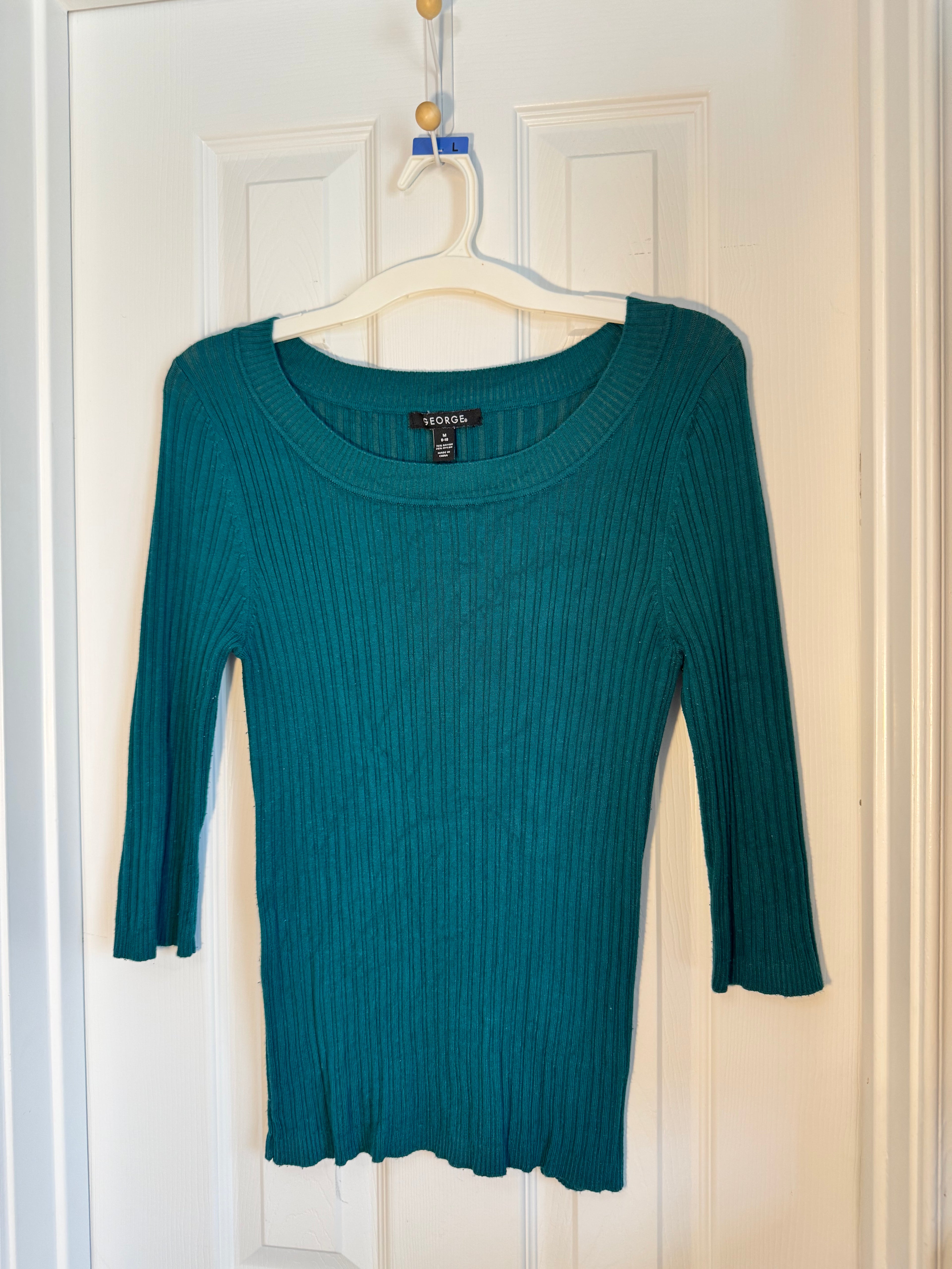 George Teal Blue Ribbed Knit Top: Scoop Neck 3/4 Sleeve Fitted Sweater, Medium