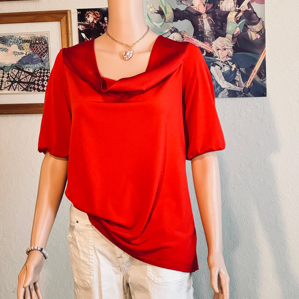 Thrifted George Rust Red Cowl Neck Draped Top — Size L (12–14)