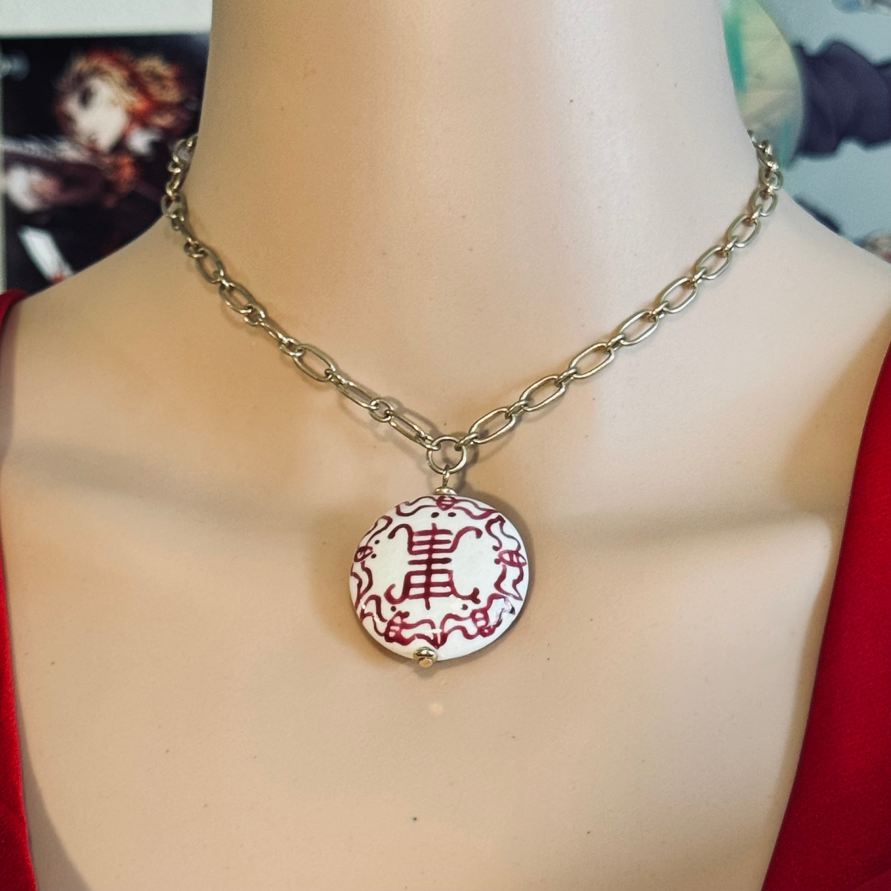 Canvas Style Chinoiserie Porcelain Bead Pendant Necklace