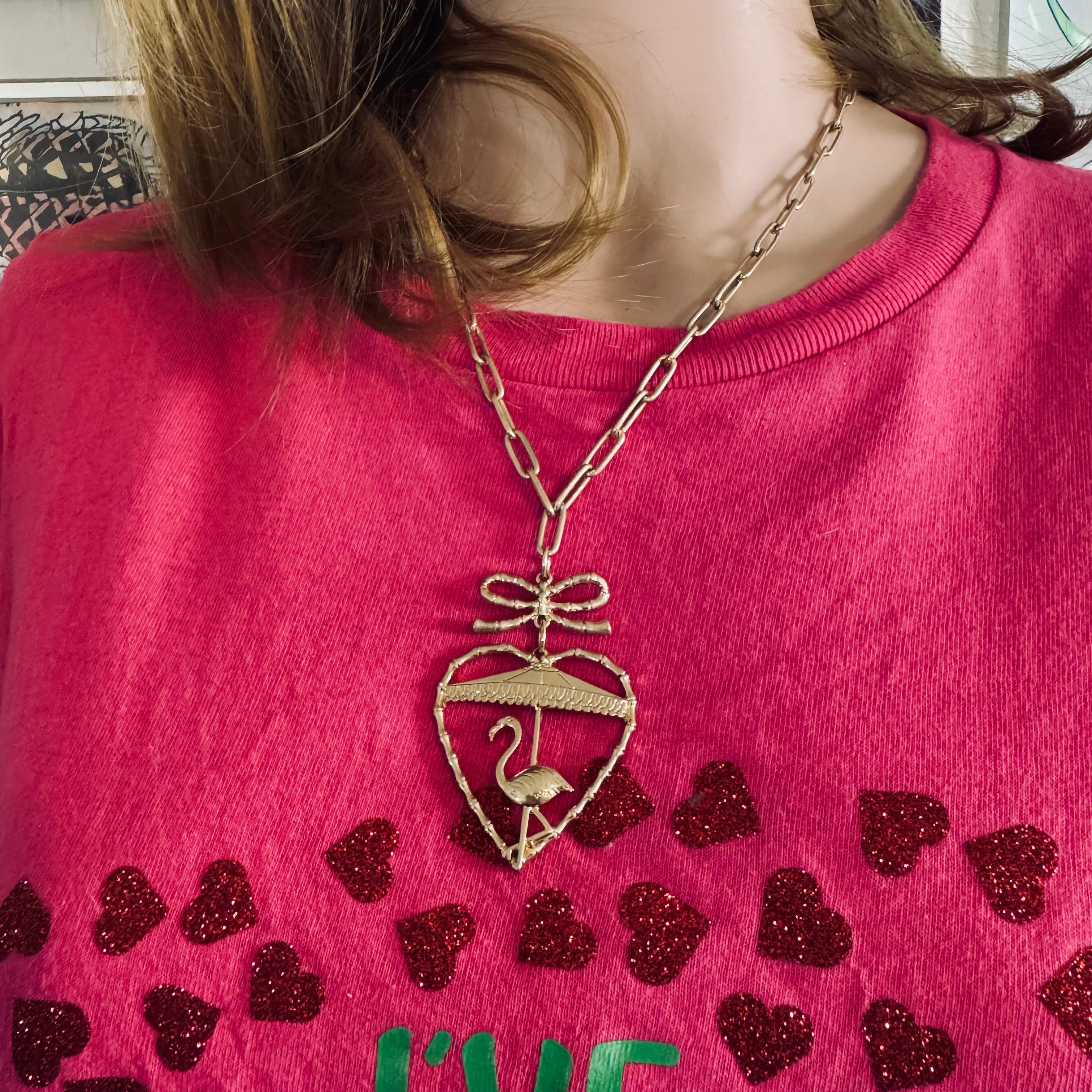 Canvas Style Gold Flamingo Heart Charm Link Necklace