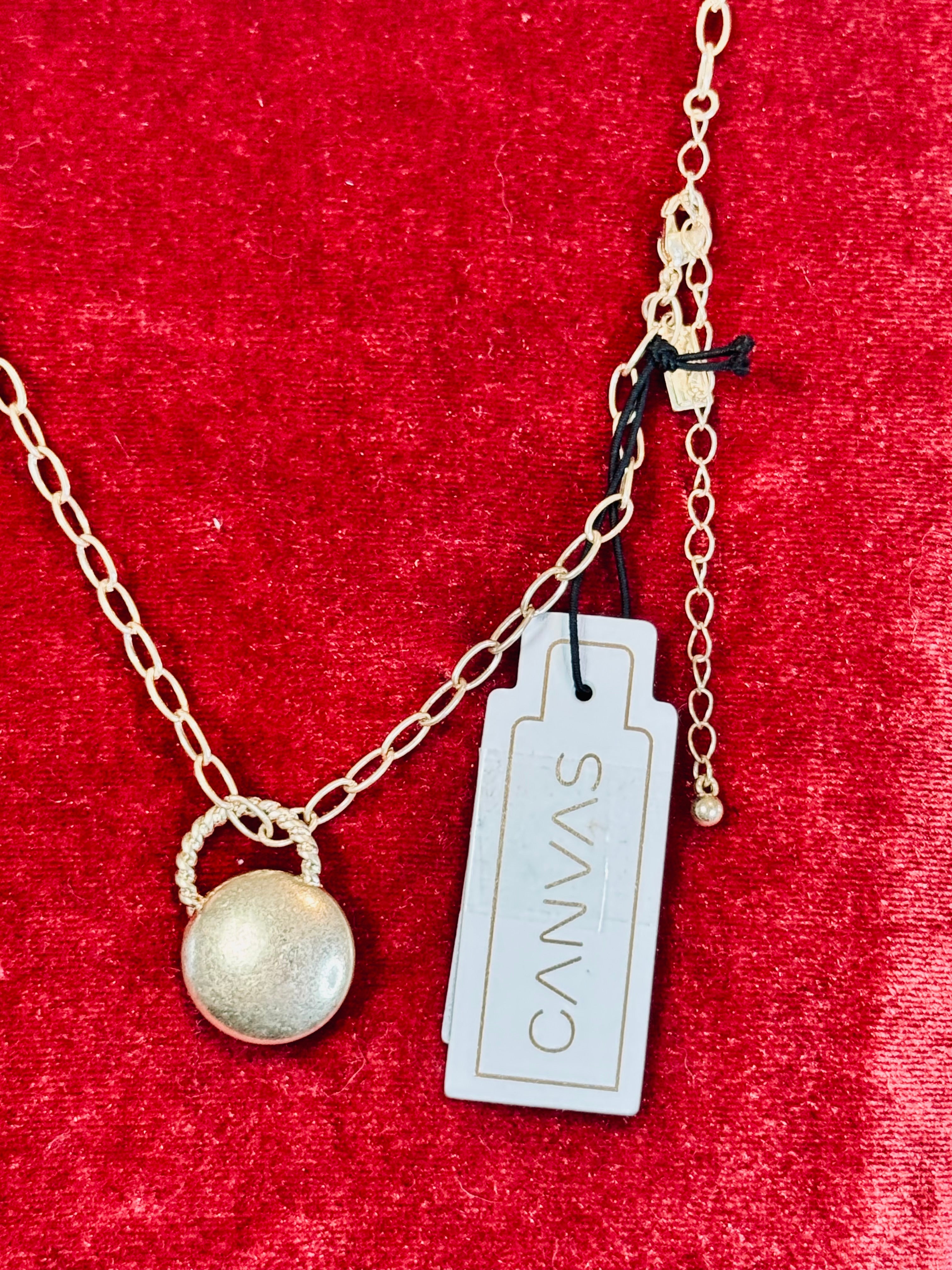 Gold necklace with a charm pendant, lobster clasp and extender chain, and new with tag on a red background