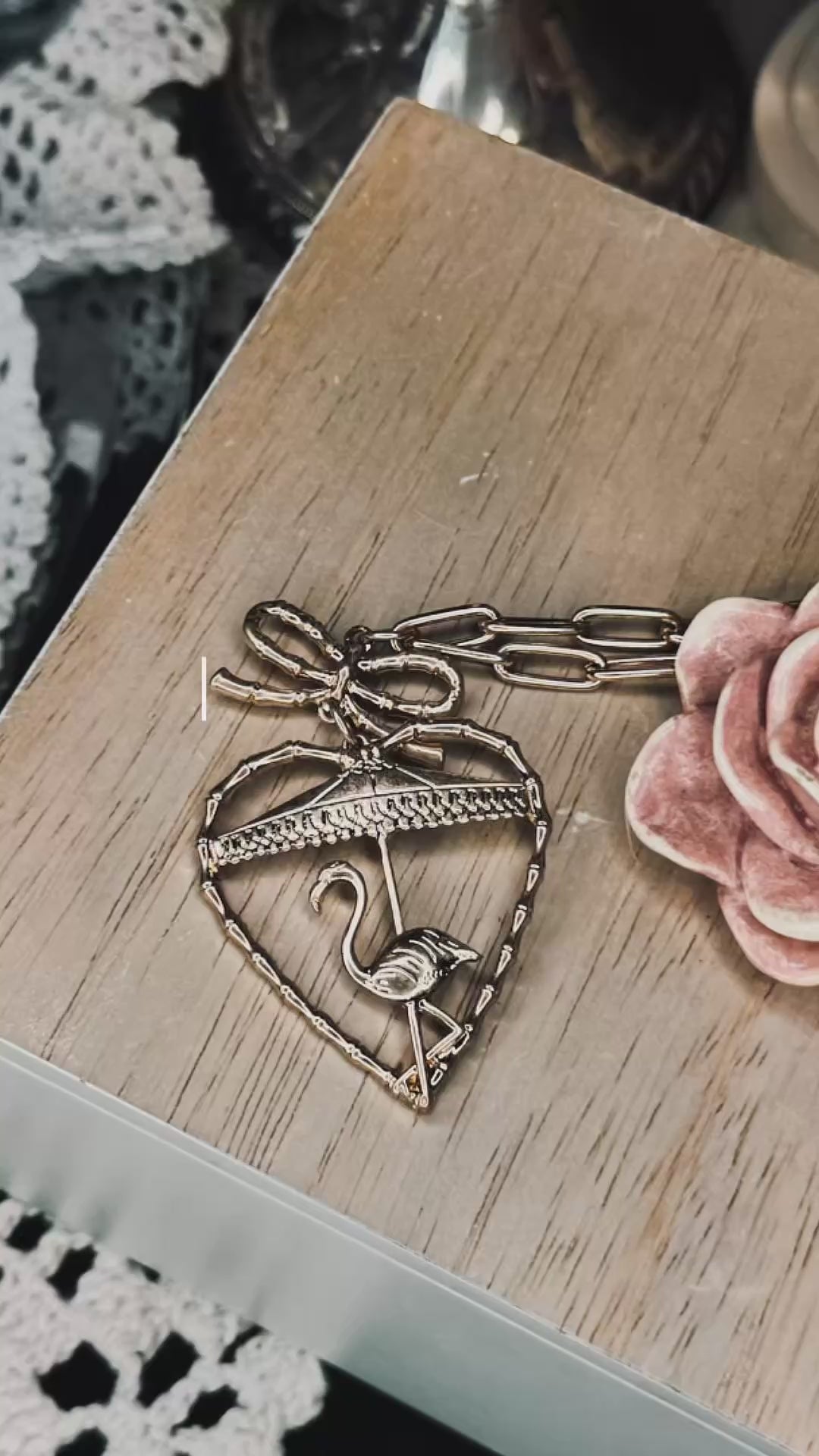 Canvas Style Gold Flamingo Heart Charm Link Necklace